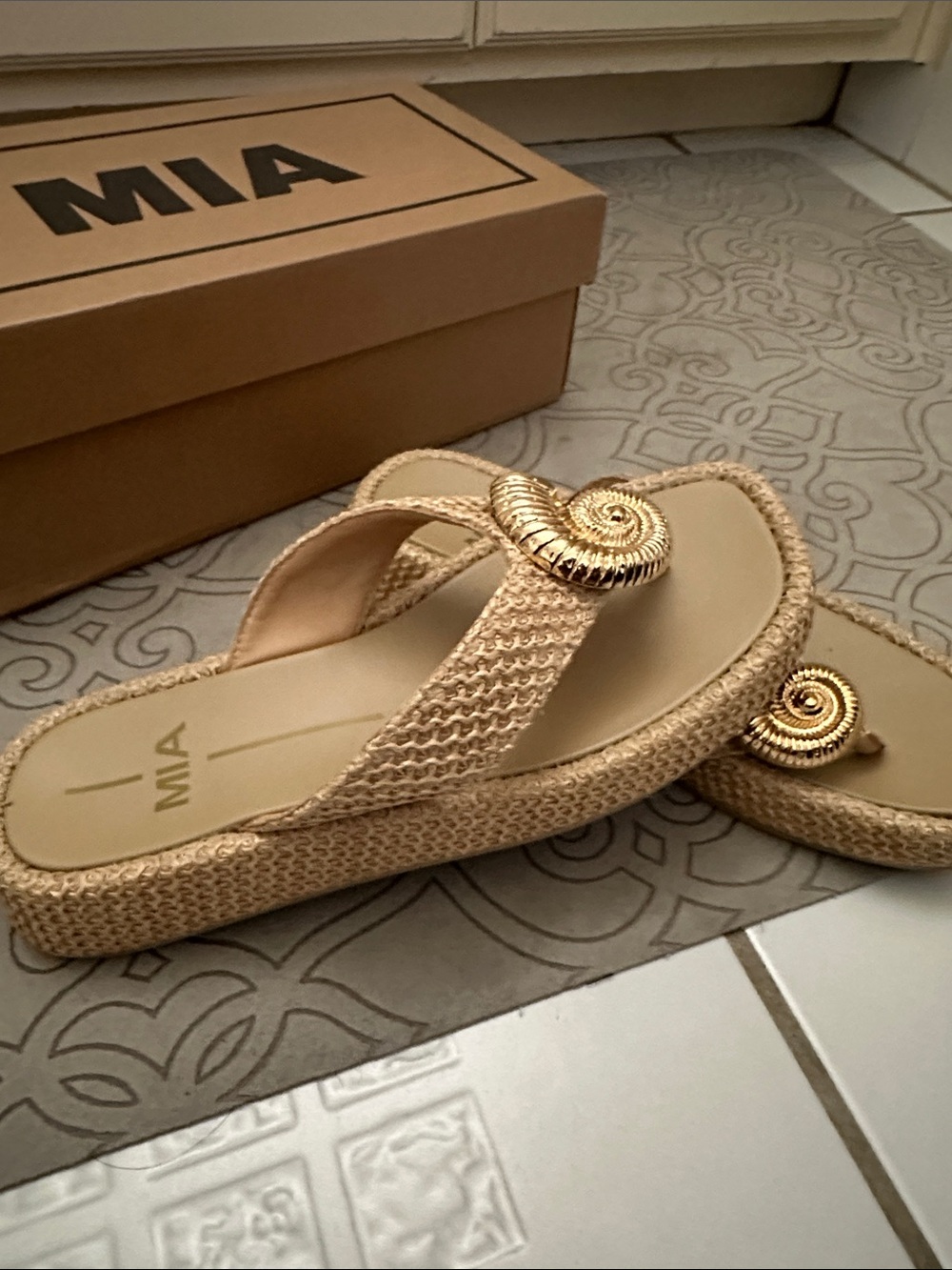MIA Tan Woven Thong Sandals with Gold Shell Accent - Picture 6 of 7